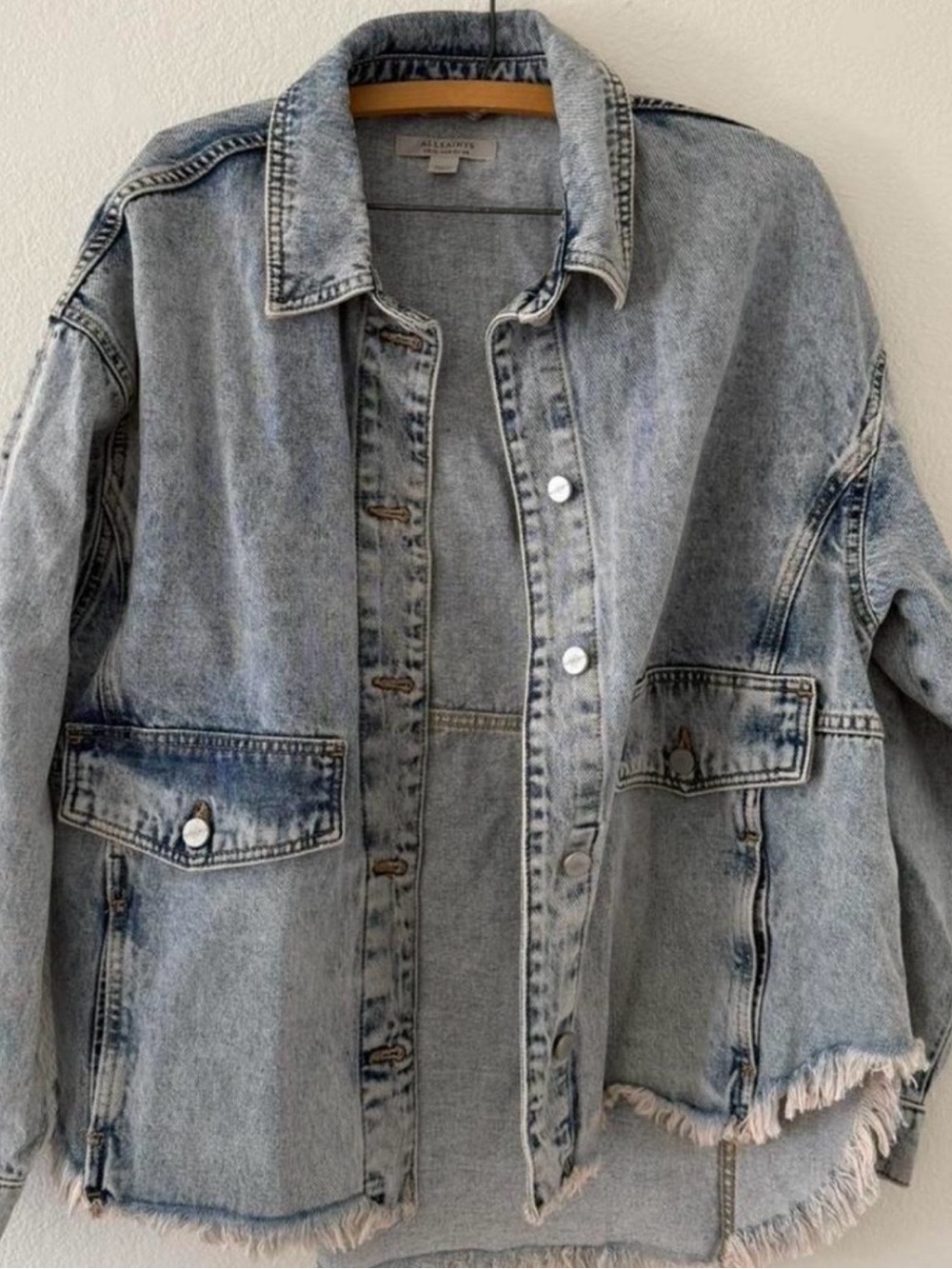 All Saints Faded Light Blue Denim Jacket with Frayed Hem